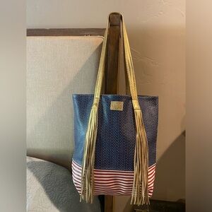 Freshly Picked Americana patriotic flag tote like new with gold fringe